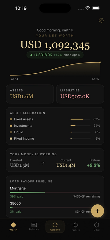 One Number home screen showing net worth