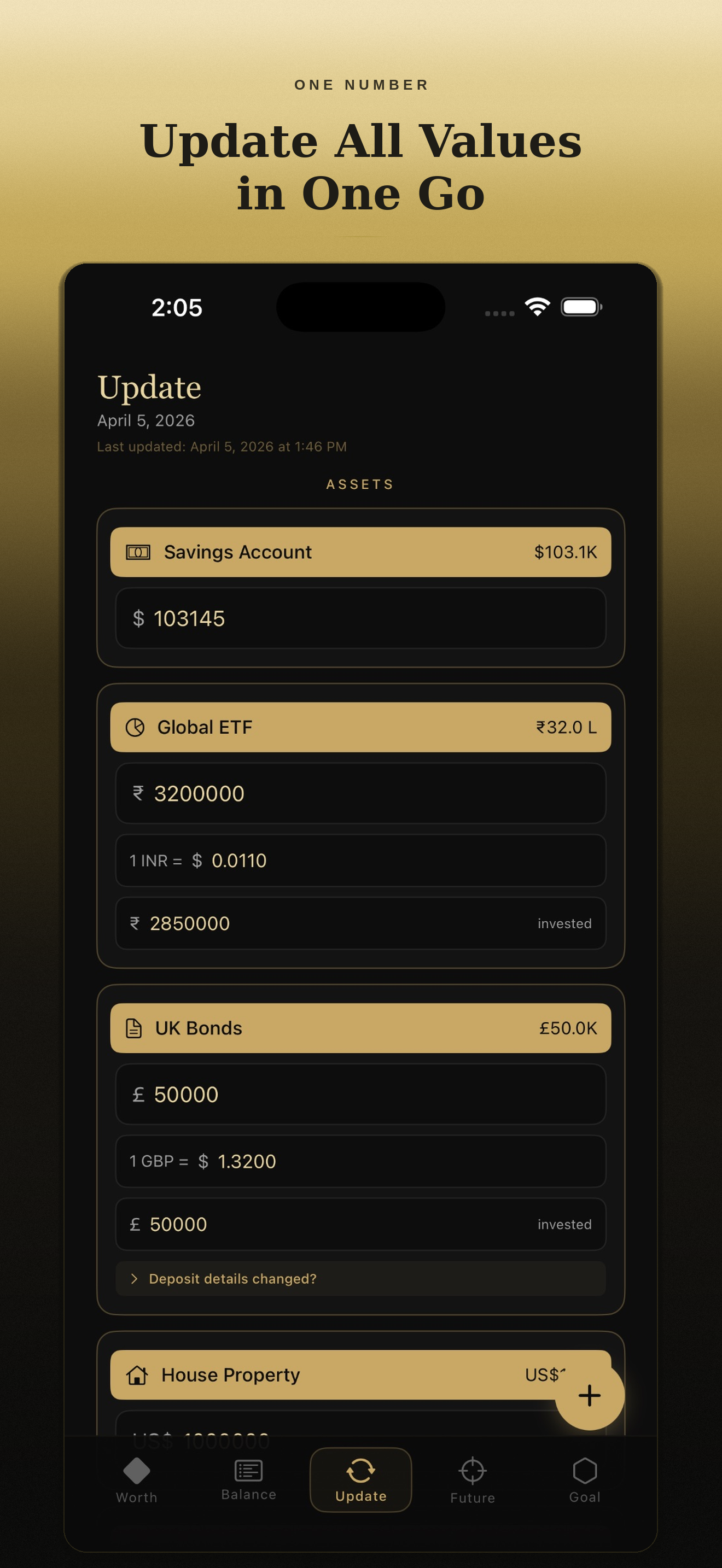 One Number bulk update screen for account values