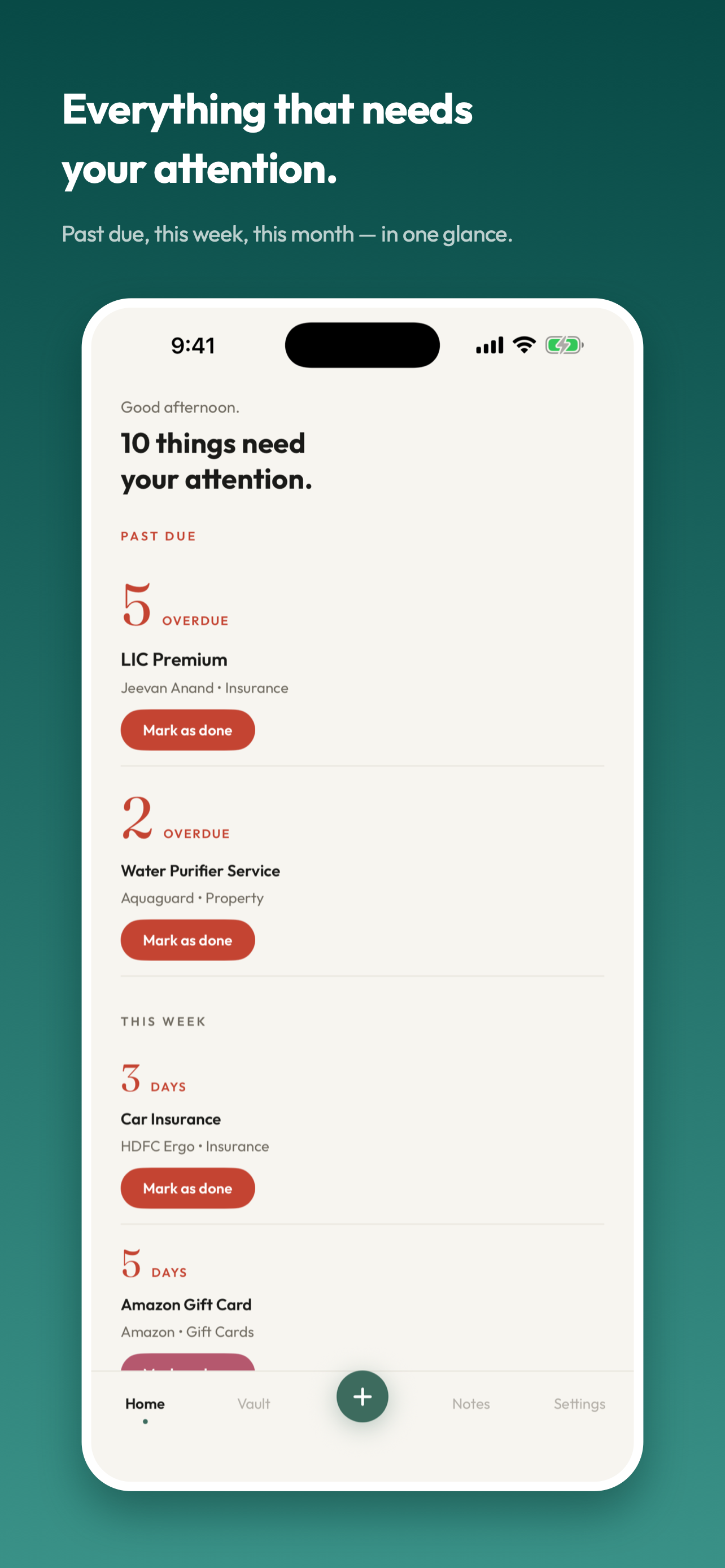 OneVault home screen showing what is past due and due this week