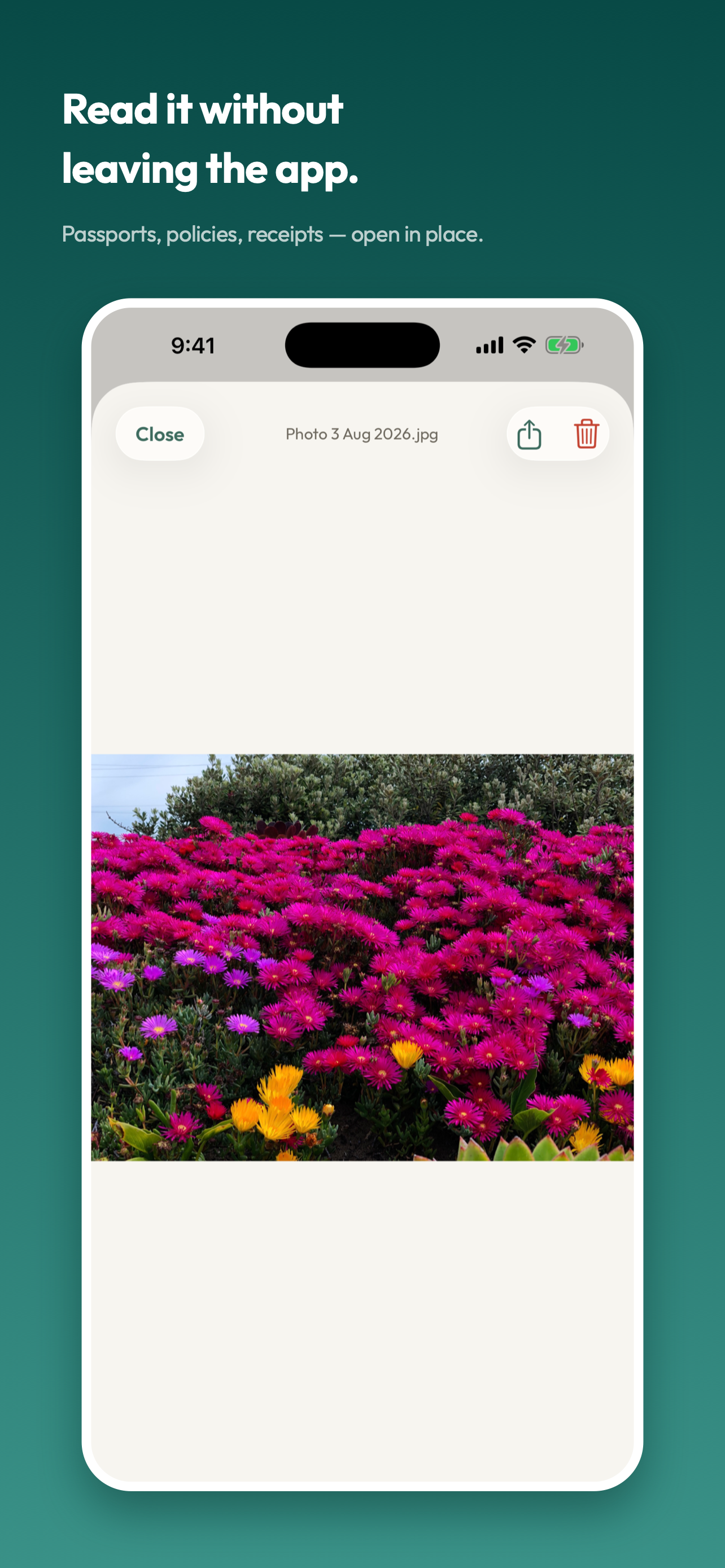 A document open in OneVault with a share button in the toolbar